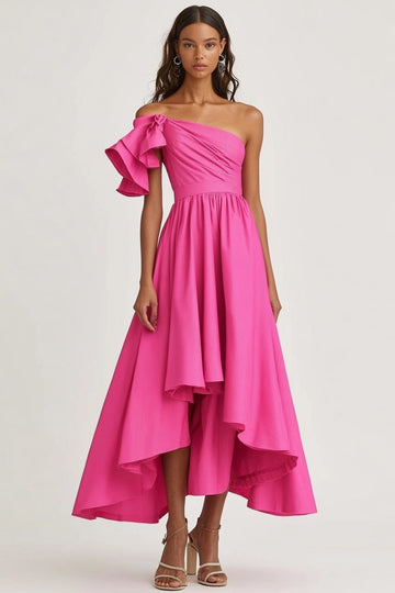 One Shoulder Ruffled Fuchsia High-Low Formal Dress